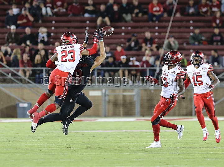 20181006StanfordUtah-013.JPG - Oct. 6, 2018; Stanford, CA.; Utah defensive back Julian Blackmon (23) is called for pass interference against Stanford wide receiver J.J. Arcega-Whiteside (19) during an NCAA football game between the Stanford Cardinal and the Utah Utes at Stanford Stadium. Utah defeated Stanford 40-21.